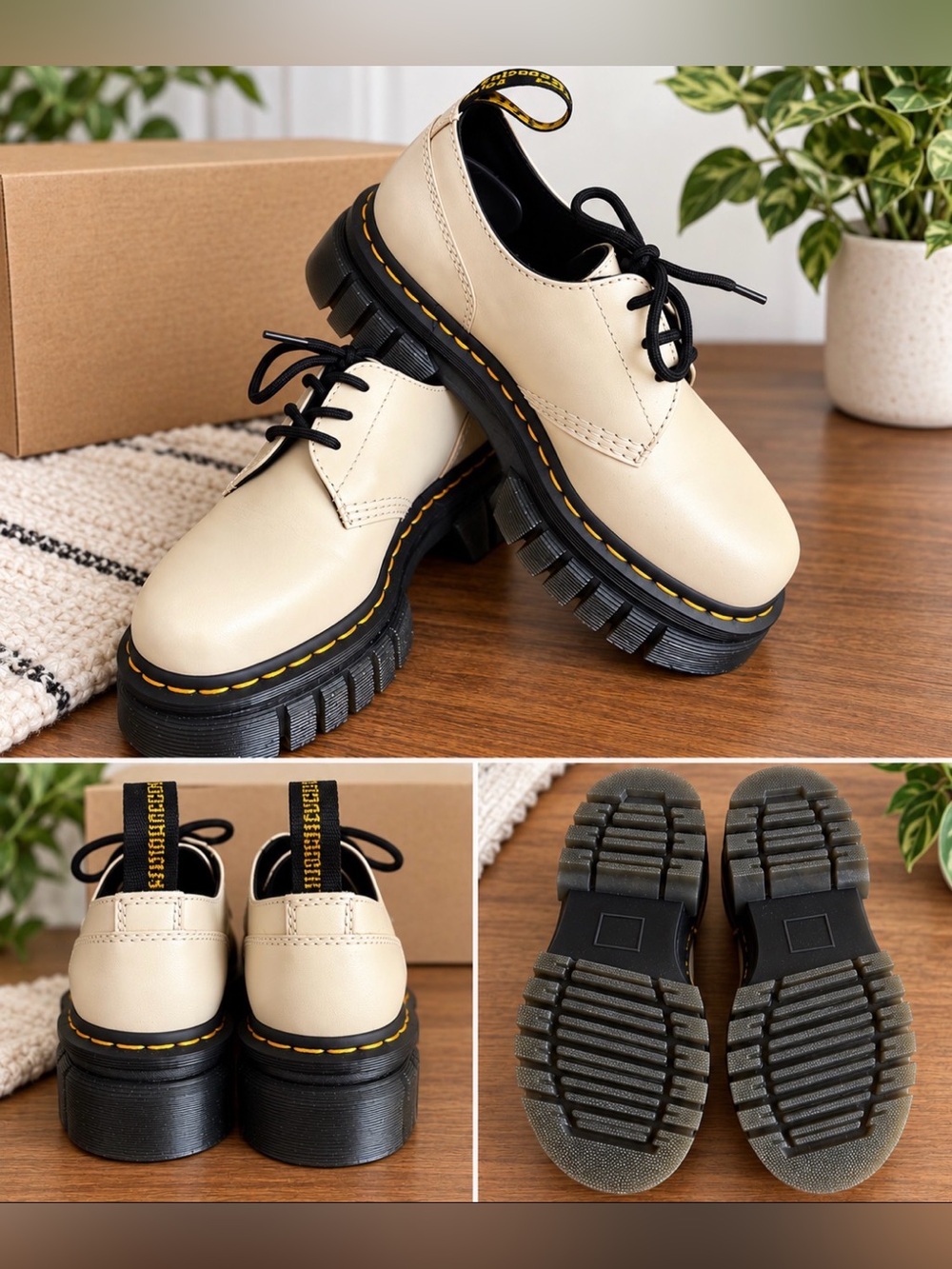 Women’s Doc Martins Lace-Up Cream Dress Shoes with Chunky Black Sole size 6